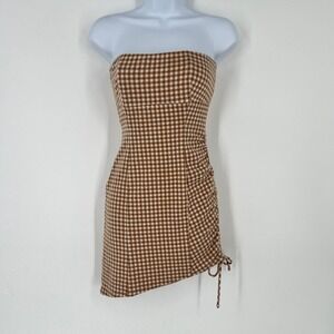 Lovers and Friends Gingham Tube Mini Dress Tan White Ruched Asymmetrical XS